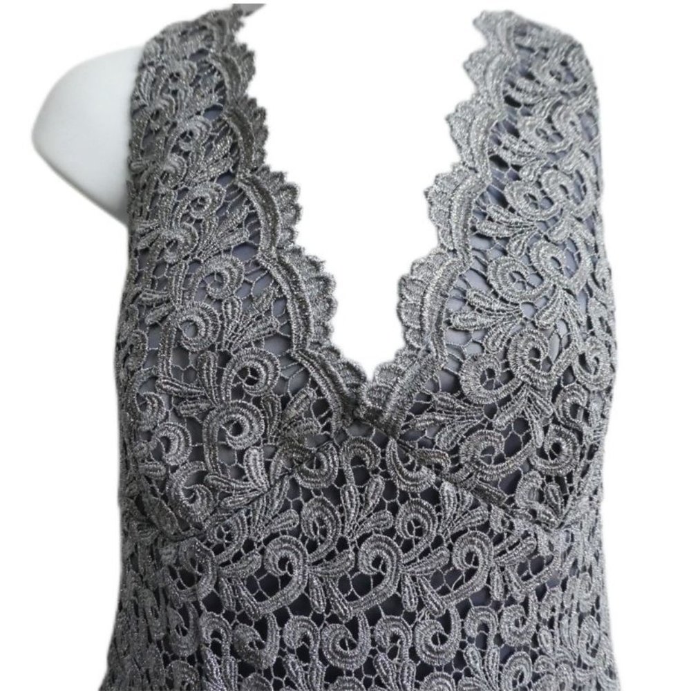 Adrianna Papell Dress Cocktail Silver Grey Lace Over Satin V Scallop Zip Back 16